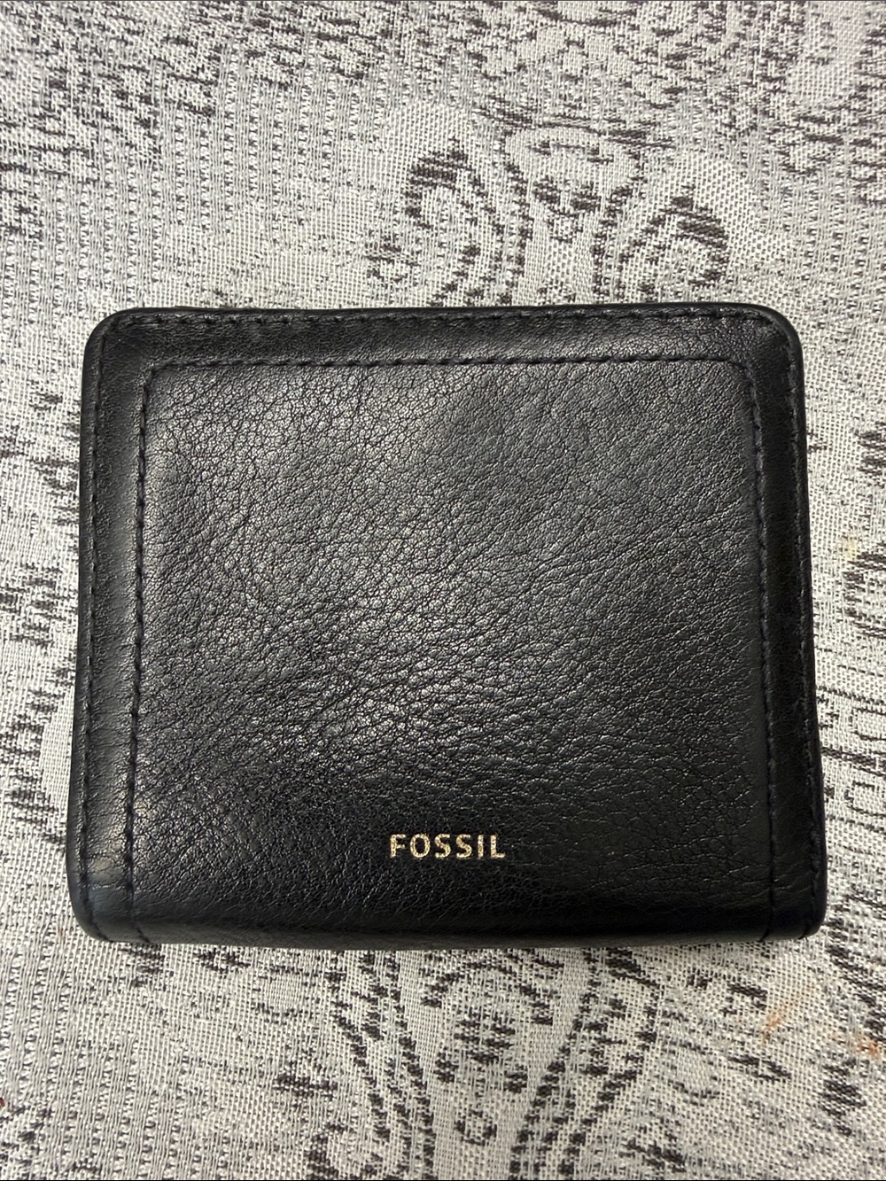 Fossil Black Leather Compact Wallet with Gold Logo - 3.5x4